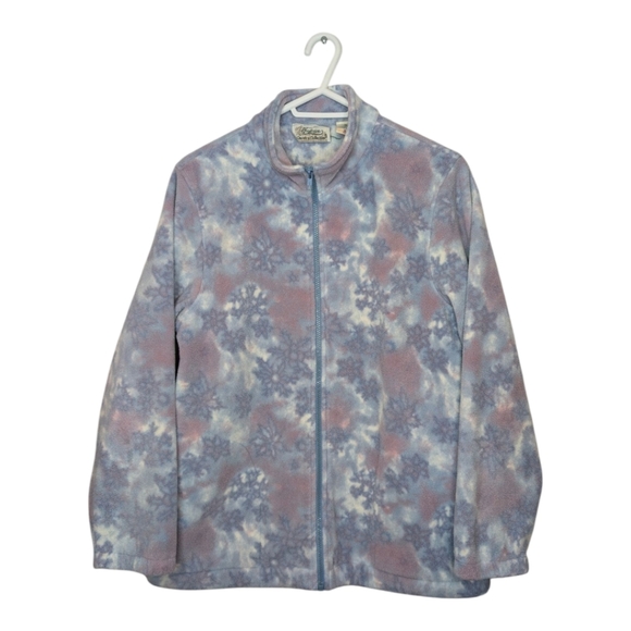 Tradition Country Blue Pink White Snow Fleece Grandma Zip Up Sweater Medium - Picture 1 of 10